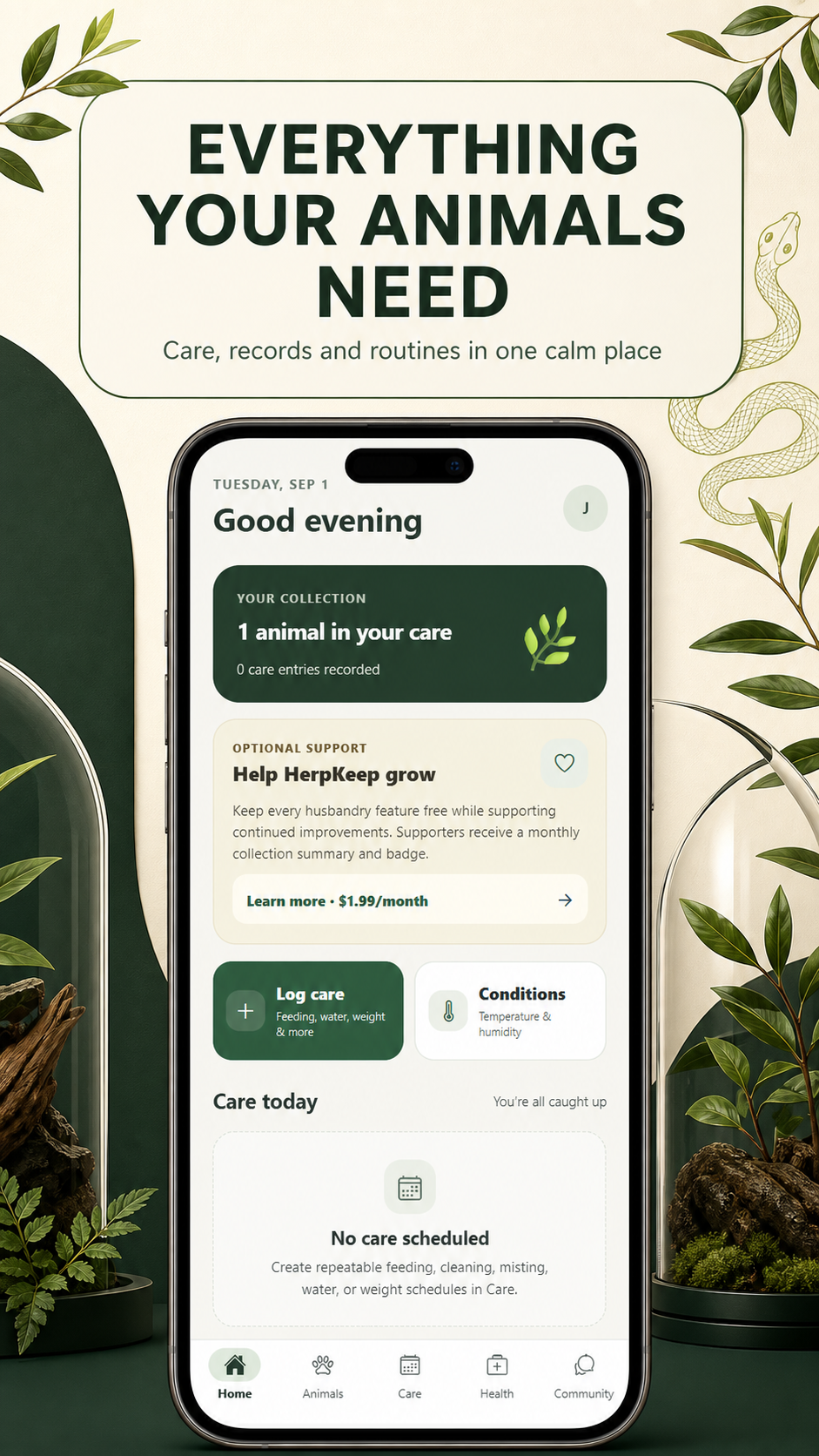 HerpKeep home dashboard showing animal care at a glance